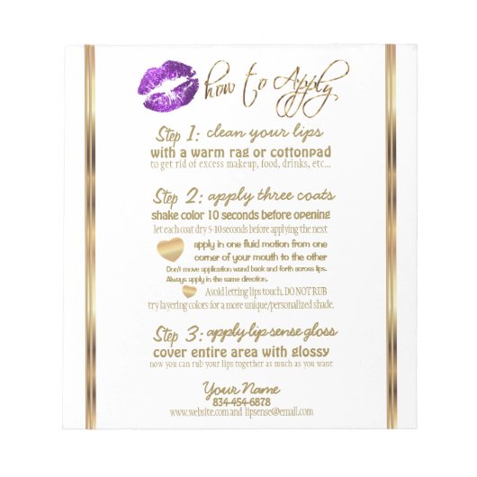 Paarse Glitter Lip Instructies voor Wit Notitieblok (Voorkant)