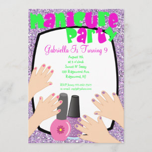 Paarse Glitter Manicure Spa Birthday Party Kaart