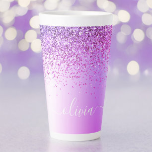 Paarse Glitter Metaal Monogram Naam Latte Mok