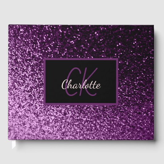 Paarse glitter monogram Afstudeerfeest Gastenboek (Voorkant)
