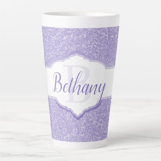 Paarse Glitter Monogram Latte Mok (Voorkant)