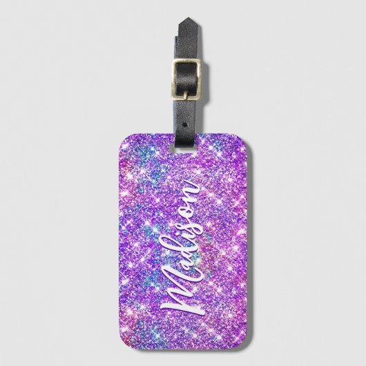 Paarse glitter-monogram met wielgeelhoorn bagagelabel (Voorkant (verticaal))