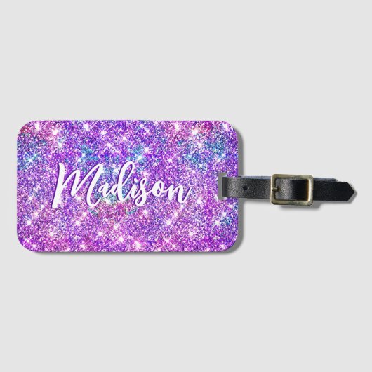 Paarse glitter-monogram met wielgeelhoorn bagagelabel (Voorkant (horizontaal))