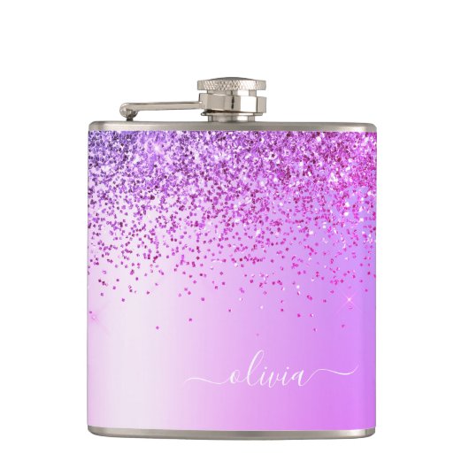 Paarse Glitter Monogram Naam Luxury Girly Heupfles (Voorkant)
