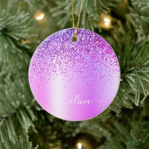 Paarse Glitter Monogram Naam Luxury Girly Keramisch Ornament