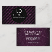 Paarse Glitter Monogram Stripes Visitekaartje (Voorkant / Achterkant)