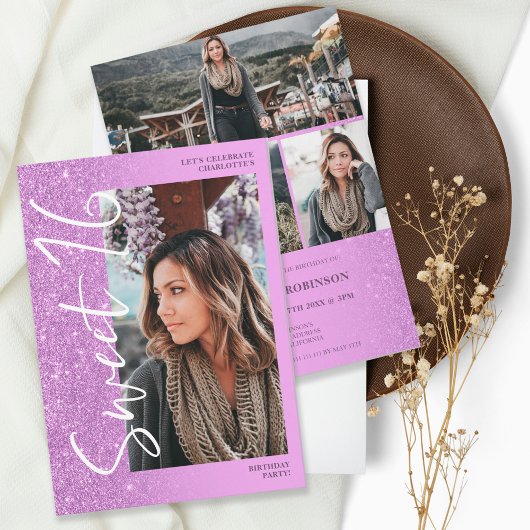 Paarse glitter ombre script 4 foto's Sweet 16 Kaart