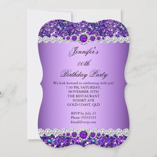 Paarse Glitter Pearl Diamond Birthday Party Kaart (Voorkant)