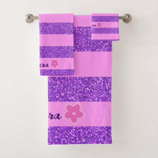 Paarse Glitter Roze Strepen & Flowers Custom Kinde Bad Handdoek (Insitu)