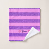 Paarse Glitter Roze Strepen & Flowers Custom Kinde Bad Handdoek (Wasdoekje)
