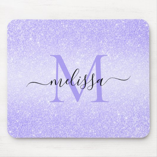Paarse Glitter Script Name Monogram Muismat (Voorkant)