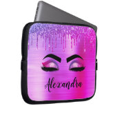 Paarse Glitter Sparkle Eyelashes Monogram Naam Laptop Sleeve (Voorkant Rechts)