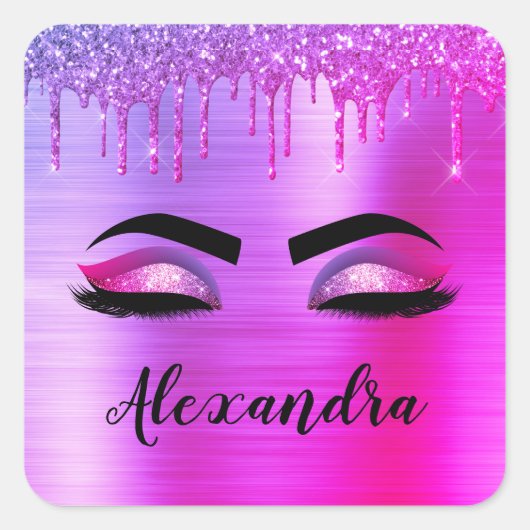 Paarse Glitter Sparkle Eyelashes Monogram Naam Vierkante Sticker (Voorkant)