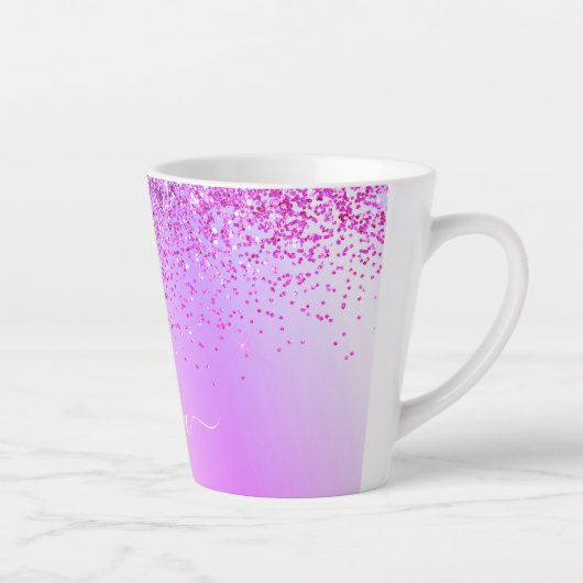 Paarse Glitter Sparkle Metal Monogram Naam Latte Mok (Rechts)