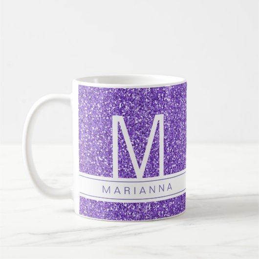 Paarse Glitter Sparkle Monogram Aangepaste Naam Koffiemok (Links)