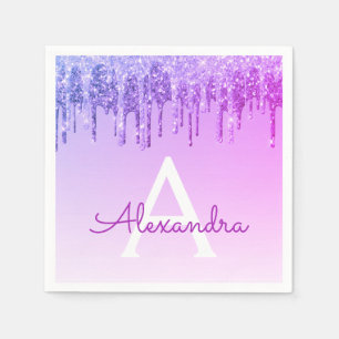 Paarse Glitter & Sparkle Monogram Verjaardag Servet