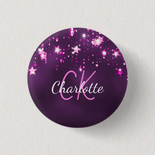 Paarse glitter sterren aangepast monogram roze ronde button 3,2 cm