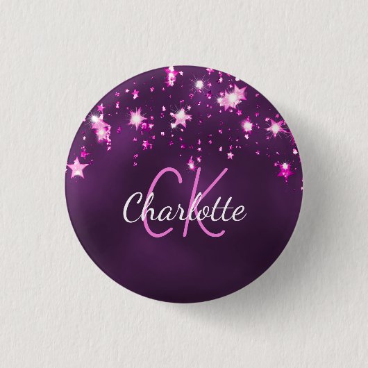 Paarse glitter sterren aangepaste monogram roze ronde button 3,2 cm (Voorkant)