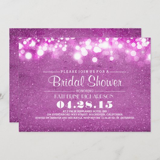 paarse glitter & string lichten vrijgezellenfeest kaart (Voorkant / Achterkant)