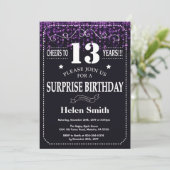 Paarse Glitter Surprise 13th Birthday Invitation Kaart (Staand voorkant)