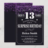 Paarse Glitter Surprise 13th Birthday Invitation Kaart (Voorkant / Achterkant)