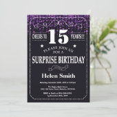 Paarse Glitter Surprise 15th Birthday Invitation Kaart (Staand voorkant)