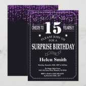 Paarse Glitter Surprise 15th Birthday Invitation Kaart (Voorkant / Achterkant)