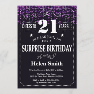 Paarse Glitter Surprise 21ste Verjaardagsuitnodigi Kaart