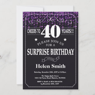 Paarse Glitter Surprise 40th Birthday Invitation Kaart