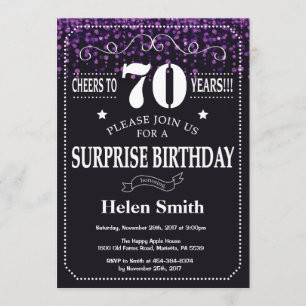 Paarse Glitter Surprise 70th Birthday Invitation Kaart