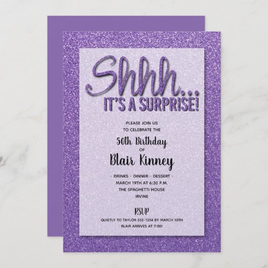 Paarse Glitter SURPRISE Birthday Invitations (Voorkant / Achterkant)