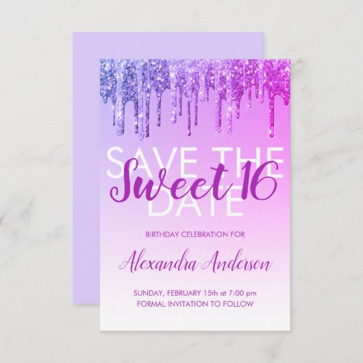 Paarse Glitter Sweet 16 Bewaar de datum Kaart (Voorkant / Achterkant)