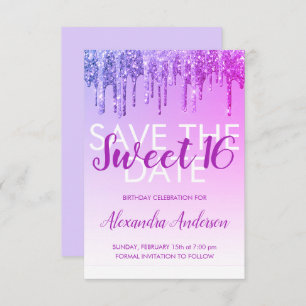Paarse Glitter Sweet 16 Bewaar de datum Kaart