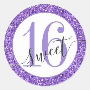 Paarse Glitter Sweet 16 Favor Sticker Seal