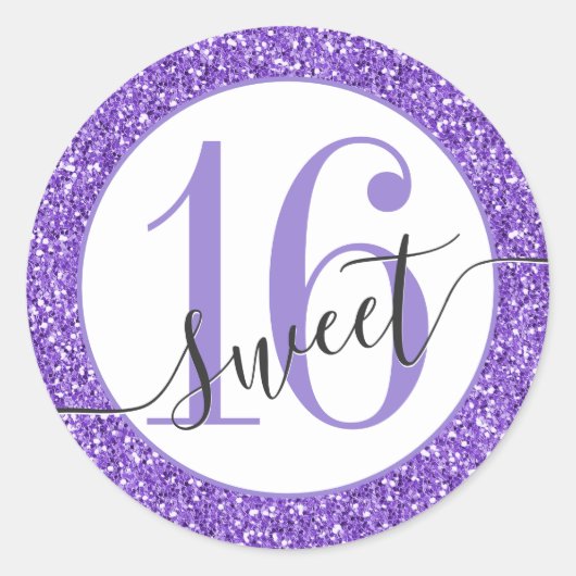 Paarse Glitter Sweet 16 Favor Sticker Seal (Voorkant)