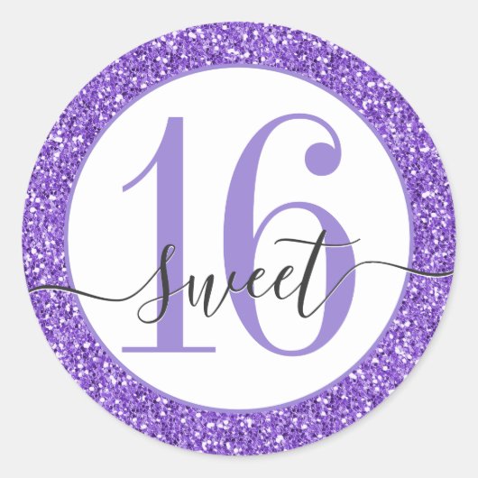 Paarse Glitter Sweet 16 Favor Sticker Seal (Voorkant)