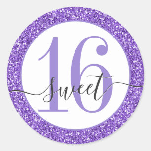 Paarse Glitter Sweet 16 Favor Sticker Seal
