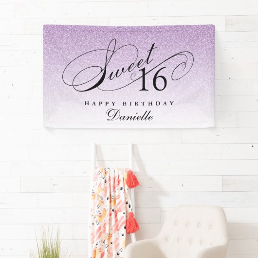 Paarse Glitter Sweet 16 Gepersonaliseerde Verjaard Spandoek (Insitu)