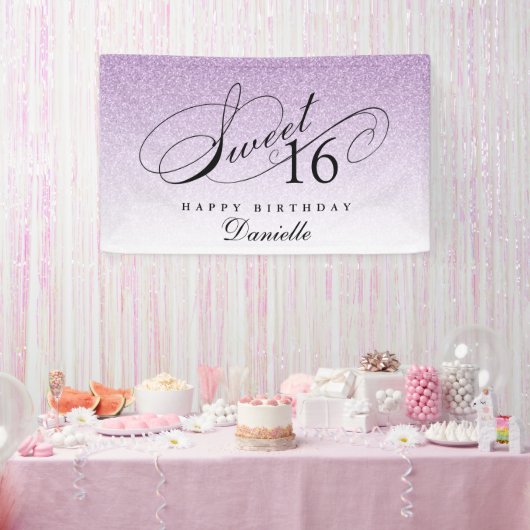 Paarse Glitter Sweet 16 Gepersonaliseerde Verjaard Spandoek (Feest)