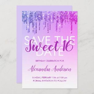 Paarse Glitter Sweet 16 Kaart