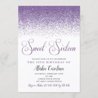 Paarse Glitter Sweet Sixteen Birthday Uitnodiging
