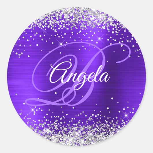 Paarse Glitter Violet Fancy Monogram Ronde Sticker (Voorkant)