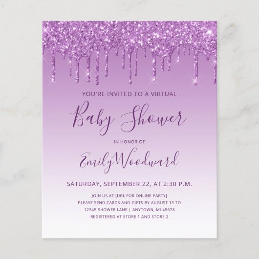 Paarse Glitter-virtueel Baby shower budgetten (Voorkant)