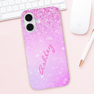 Paarse Glitter & Witte Sterren, Script Naam iPhone 16 Hoesje