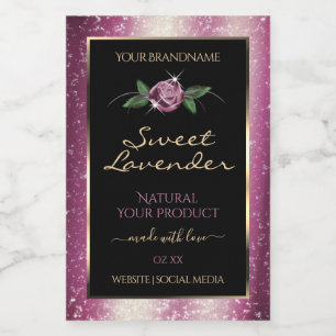 Paarse Glitter Zwarte Productlabels Roos Bloem Voedselcontainer Etiket