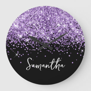 Paarse Glitter Zwarte Script Naam Grote Klok