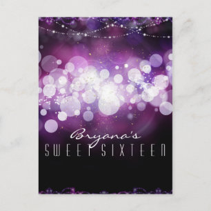 Paarse Glitterlichtjes Glam Verjaardagsfeest Uitnodiging Briefkaart