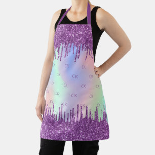 Paarse glitterroze holografische monogram initiale schort