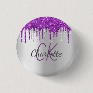 Paarse glitters glinsterende zilveren monogram naa ronde button 3,2 cm