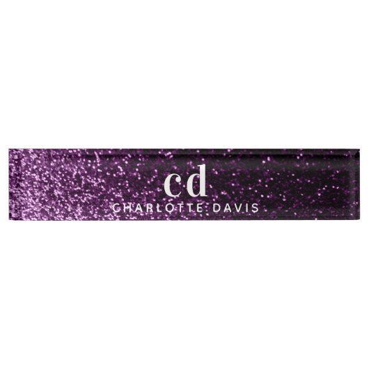 Paarse glitters monogram initiaal luxe naambordje (Voorkant)